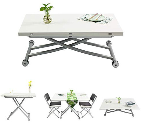 Beliwin Table Basse Relevable, Table à Manger Blanche Réglable en Hauteur pour Salon et Bureau, Dessus de Table Pliant