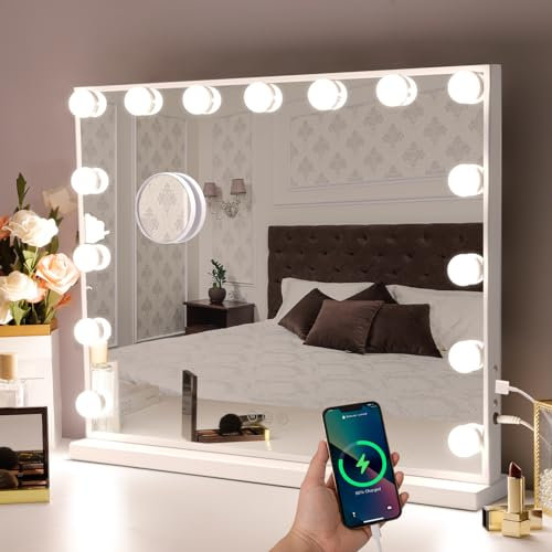Hansong Vanity Mirror with Lights Hollywood Makeup Mirror with 15 LED Bulbs 3 Color Lighting Modes Lighted Makeup Tabletop Mirror for Dressing Room Bedroom