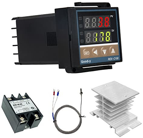 PID Digital Temperaturregler REX-C100, 0 ℃ ~ 1300 ℃ AC Intelligente Temperaturregler Kits, Digital PID Thermostat mit SSR-40DA Halbleiterrelais, K-Typ Thermoelement und Kühlkörper