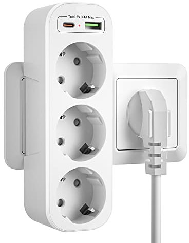 Presa Multipla USB C, Multipresa Tripla da Parete Salvaspazio Adattatore 3 Prese è 2 Porte USB 5V3.4A spina Schuko 16A Combinata Standard Tedesco e Francese per Ufficio, Casa o Viaggio