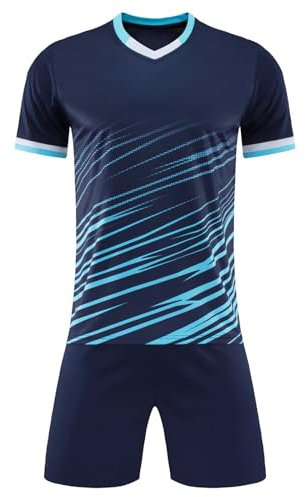 inlzdz Kinder Trainingsanzug Jogginganzug Zweiteiliger Kurzarm Sportshirt Laufshirt Shorts Set Kurze Sporthose Jogginghose Sommer Sportbekleidung Fitness Sport Outfits Dunkelblau 140-146