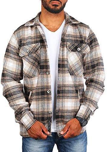 Carisma Herren Flanell Holzfäller Karo Hemd Jacke Warmer Woll Materialmix Regular fit kariert 8535-8536, Grösse:M, Farbe:schwarz-beige-Creme-kariert (8535)