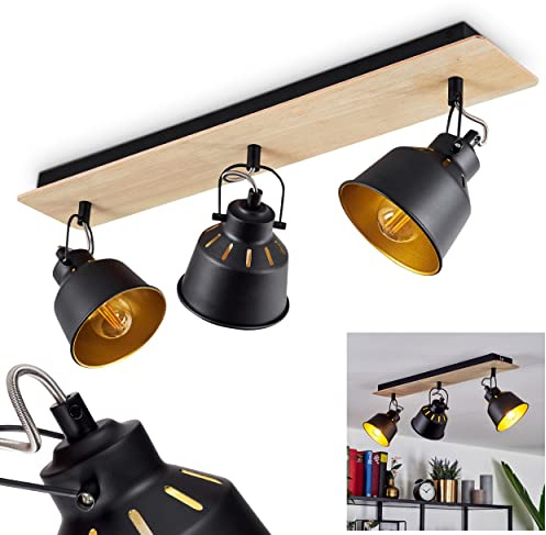 HOFSTEIN Deckenleuchte Safari, verstellbare Deckenlampe aus Metall/Holz in Schwarz/Gold/Natur, Leuchte im Retro/Vintage-Design mit Lichteffekt, 3 x E14, Wohnzimmer, Esszimmer, Schlafzimmer, Küche