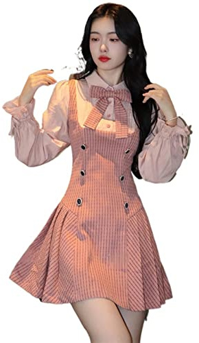 Mluvpxey Sommerkleid Kawaii Plaid Kleid Frauen Bogen Japanische Vintage Party Mini Kleider Mode Patchwork Süßes Kleid (Color : Pink, Size : M)