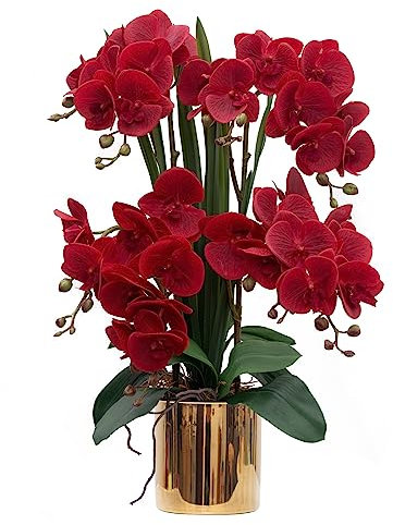 CXGS Künstliche Orchideen, Real Touch-Qualität, Kunstorchideen in Keramikvase, 53 cm, künstliche Phalaenopsis-Blume für Kunstblumenarrangement, Heim- und Innendekoration, Rot