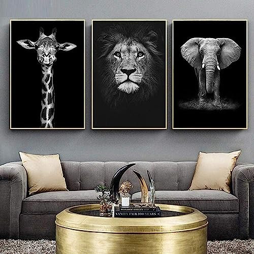 Éléphant Lion Girafe Affiche Noir Blanc Animal Moderne Toile Tableau Art Peintures Decoration Murale pour Salon Chambre Tableau Decoration, sans Cadre (3X60X80CM)