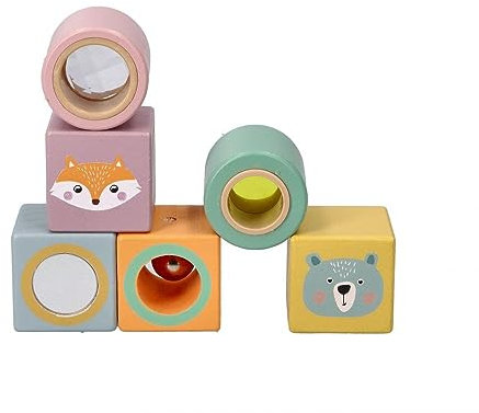 Klangbausteine, Holzbausteine, Bauklötze Baby - 6 Holzklötze: 4 Würfel, 2 Zylinder - Kinder Stapelspielzeug ab 1 Jahr - Sensorisches Spielzeug - Motorik-Spielzeug - Motiv Waldtiere