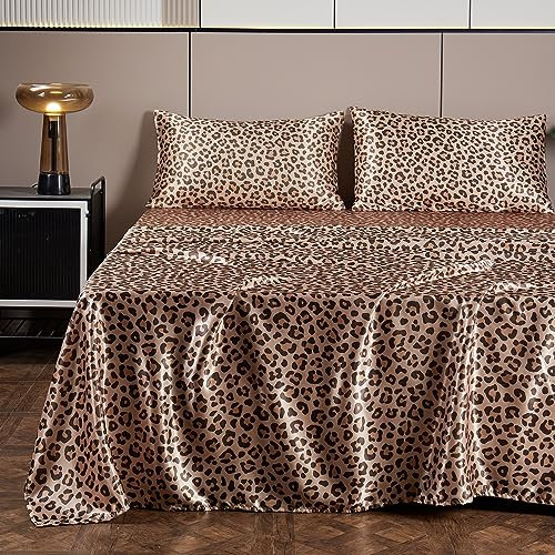 AiMay 4-teiliges Bettwäsche-Set für King-Size-Betten, Satin, tiefe Tasche, goldenes Leopardenmuster, luxuriös, seidig, superweich, 1 Bettlaken, 1 Spannbetttuch, 2 Kissenbezüge ohne Falten (Goldener