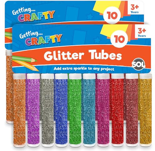 SOL 20pk Kids Glitter Tubes in 10 Assorted Vibrant Colours - Fine Glitter for Arts and Crafts, Slime, Card Making, Nail Art, and Decorations - Easy-Pour Shaker Pots for Kids and Adults