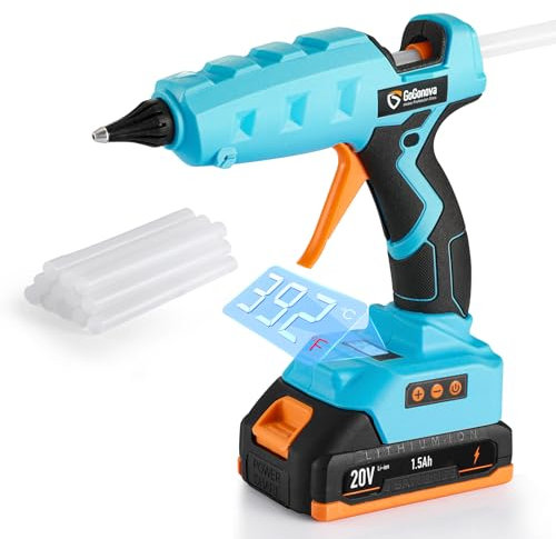 GoGonova Pistola Colla a Caldo Senza Fili 20V, con 10 Stick di Colla da 11mm, con display digitale LCD, ugello anti-gocciolamento e regolazione della temperatura, Strumento per DIY, Artigianato