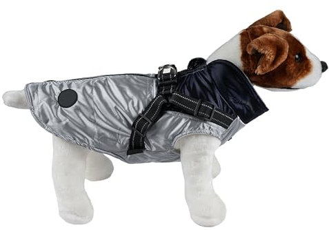 Warme Hundejacke, Hundemantel für Hunde, Hundepullover, Winddichte Winterweste mit Ring für Geschirr - Dunkelblau und Silber, 5XL