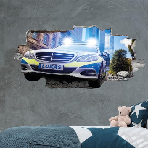 tjapalo® VZ95 3D Wandtattoo mit Namen Polizei Auto Wandaufkleber Kinderzimmer Junge Wandsticker Kinder Deko Wandbild, Größen Name: B100xH48cm