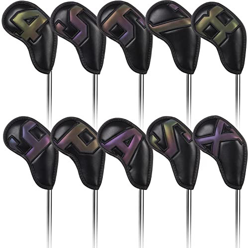 Golf Iron Club Head Covers Magnetic 10pcs 4-9,P,A,S,X Left&Right Hand Gradient color Big Numbers Black PU Leather