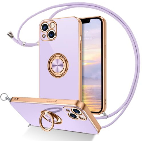 DUEDUE Coque pour iPhone 13 Cordon avec Anneau Rotatif, Protection Caméra Souple Fine Doublure Microfibre, Coque avec Bague et Corde Bandoulière Réglable Lanière pour iPhone 13 6,1'', Violet Or