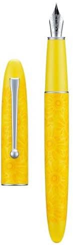 HONG DIAN C3 Fountain Pen, Iridium Extra Fine Soft Nib Chinese Knot Carving, Bright Yellow & Sunflower Painting Design with Metal Box Set,Sunflower Yellow