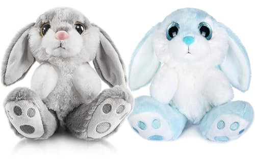My OLi Kuscheltiere 2 Stück Plüsch Hasen 18cm Floppy Ohren Sitzen Stofftier Hase für Kinder Babys Jungen Mädchen, Grau & Blau
