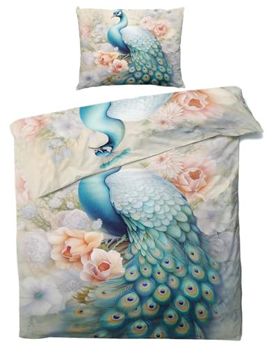 QEODAH Pfau Blumen Bettwäsche 135x200 Winter - Orientalische Bettbezug 135 x 200 2er Set - Wendebettwäsche & Kissenbezug 80x80 cm - Weiche Mikrofaser Bettwäsche-Sets mit Reißverschluss