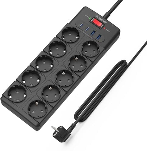 IECOPOWER mehrfachsteckdose 5m,10-Fach Steckdosenleistemit USB(PD 20W 2 USB-C Ports und 2 USB-A Ports),Steckdosenleiste überspannungsschutz,passend für iPhone/iPad,und weitereUSB Geräte,Schwarz