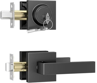 Foxgard Exterior Door Lock Set, Front Door Lock Set with Deadbolt, Passage Square Exterior Door Handle with Deadbolt, Back Door Lock Set with Deadbolot,1 Pack, Matte Black