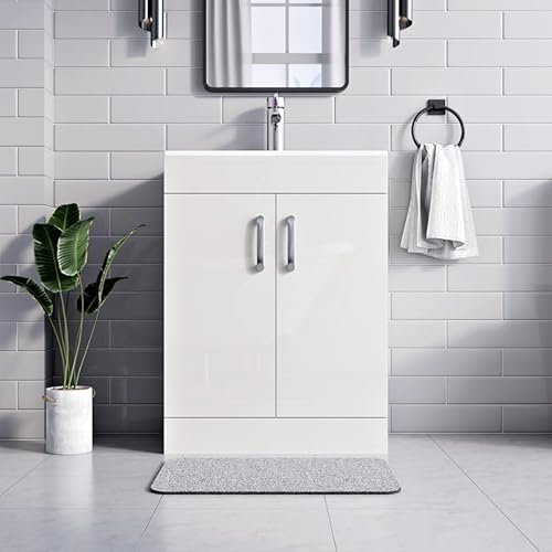 BELOFAY New York White 600mm Floor Standing Bathroom Vanity Unit With Basin - Laquered Cloakroom Vanity Unit with 1 Tap Hole Ceramic Basin and Soft Close Hinges, WASTE INCLUDED