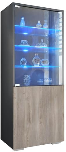 Vitrine Granada, Made in Germany, Vitrinenschrank mit Glastür und Glaseinsatz inkl. LED, Anthrazit matt/Eiche Nordic (50 x 122,5 x 34,5 cm)