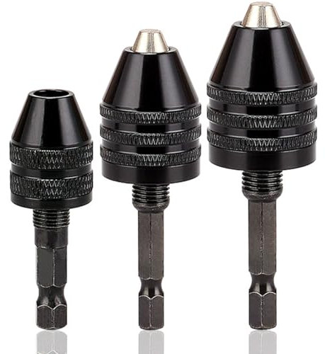 Resze Keyless Drill Chuck Adapter - 3Pcs Drill Chuck for Impact Driver, 1/4” Hex Shank Chuck Conversion Adapter,Drill Bit Adapter Keyless Chuck For Round-Shank Drill Bits, No Keys Needed,Black