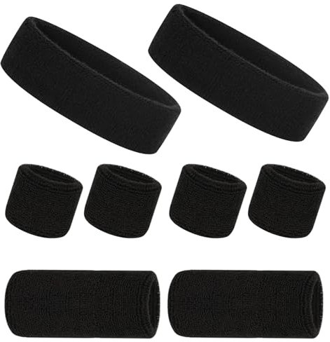 Bandeau de Sport et Serre-Poignets Ensemble, Coton 2 x Bandeau et 6 x Bracelets Poignet, 8 Pièces Anti Transpiration Poignet Bandeau Homme Femme Enfant pour Gym Running Tennis Basketball Yoga