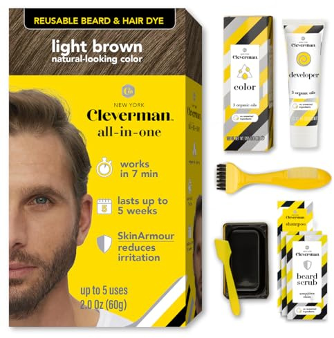 CLEVERMAN Kit de tinte para el cabello y la barba para hombre, reutilizable, todo en uno, cobertura de canas, tinte para barba y bigote, sin amoniaco (marrón claro).