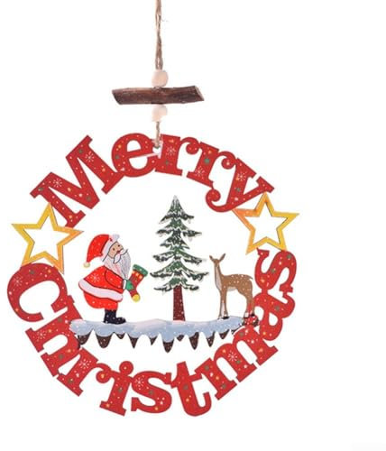 Eawfgtuw Holzanhänger Merry Christmas, hohl, 15 x 15 cm, rot, festliche Hängedekoration für Baum, Wand, Tür, Fenster, Kamin, Treppe, Feiertags-Ornament mit Hanfseil (A)