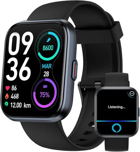 Smartwatch Uomo Orologio, 1,8 Smartwatch Chiamate Risposta Vivavoce, Alexa Integrato Cardiofrequenzimetro SpO2 Sonno, Contapassi Orologio Fitness Notifiche 110 modalità Sport per Android/iOS Nero