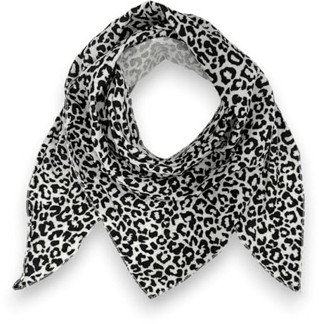 Ziona Musselin-Baumwolle Schal Damen Leo Mady Italy 195 x 72 cm Herbst Winter Halstuch (Weiß-Schwarz)
