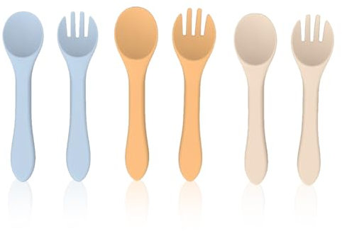 DLPRK Cuchara Bebe Aprendizaje 6 paquete, Set de Precucharas en Silicona, cuchara + tenedor, Ideal para Autoalimentación y Alivio de Encías