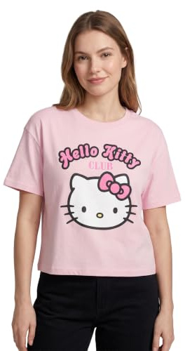 Hello Kitty Womens Pink Cropped Short-Sleeved T-Shirt | Club Graphic Tee for Ladies | Girls Pink Top Merchandise for Her