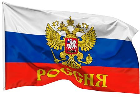 PHENO FLAGS Bandera de Rusia con águila 90x150 cm - resistente al clima y al desgarro - decoración de la Rusia perfecta, bandera con escudo para colgar en interiores y exteriores