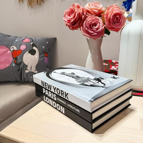 Mulomir 3 Stück Mode Dekoratives Buch, Modern Dekorativ Bücher mit Leeren Seiten, Gestapelte Dekorationen Dekor für Wohnkultur, Bücherregal-Dekor, Couchtisch (Paris/London/New York)
