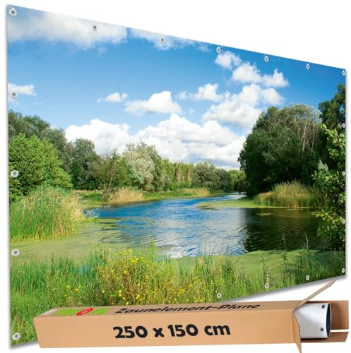 TRIOSK Sichtschutz Garten Deko Zaun Plane Blickdicht groß mit Zaunblende Motiv Fluss Ufer Wasser Wiese für Balkon Terrasse Zaunelement Doppelstabmatten Gartenzaun PVC 250x150 cm