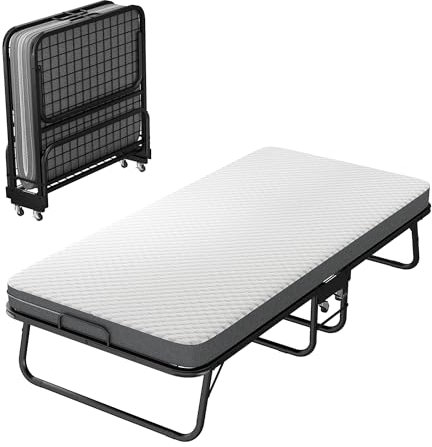 Klappbett 90x190cm Gästebett mit Rollen &10cm Dicker Schaumstoff Matratze für Erwachsene, Einzelbett Klappbar mit Mentalrahmen bis 150kg belastbar Tragbares Klappbett (Klappbett mit Rädern)