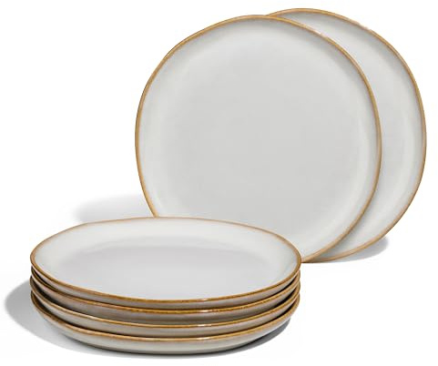 Onader Teller 6er set, 20,8cm Dessertteller Steingut, klein Kuchenteller Porzellan, Unregelmäßig Rund Geschirr Essteller zum Servieren, Anti-Kratzer & Mikrowellenfest – Reaktives Perlweiß