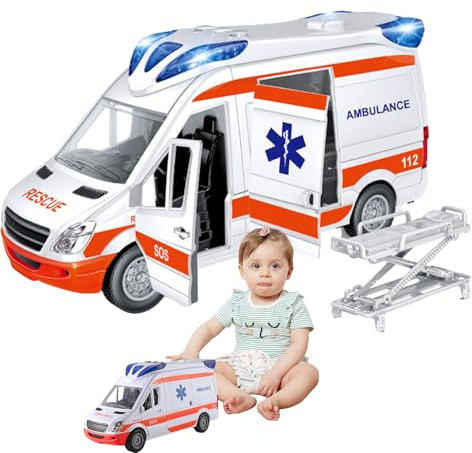 TyCylKu Spielzeug Für Kinder Krankenwagen 27x10x14cm PP Lichtern Und Geräuschen Rettungsfahrzeug Spielzeug Mit Trage Zu Öffnender Heckklappe Spielzeugkrankenwagen Krankenwagen- Für 3-8 Jahren