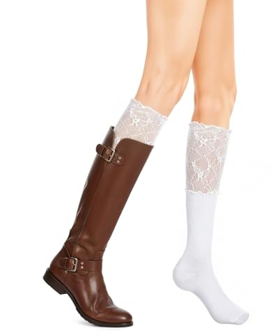 Grevosea 2 Pairs Lace Knee High Socks, Cute Y2K Boot Socks with Lace Trim Long over Knee Stocking for Women (White)