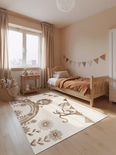 Villeroy & Boch Boho Kids - Kinderteppich - Roar Like a Lion Summer Party - weicher Kurzflor, Kinderzimmer Mädchen & Junge, Tiermotiv Spielteppich, Krabbelteppich - Creme Multifarben, 160x230 cm