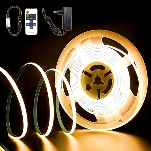 Kimuwote Tira LED COB 2M, Blanco Cálido 3000K Tira luz LED Regulable con RF Mando y Alimentación, DC24V, CRI92, Ancho 8 mm, Led Cob para Decoración del Hogar, Cocina, Espejo