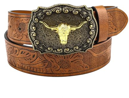 KBOPLEMQ Ledergürtel Herren Western Cowboy Jeansgürtel mit Longhorn Stierkopf Muster Schnalle Vintage Gürtel mit Geprägter Gravur Vintage Long Horn Bull Rodeo Western Cowboy Gürtel