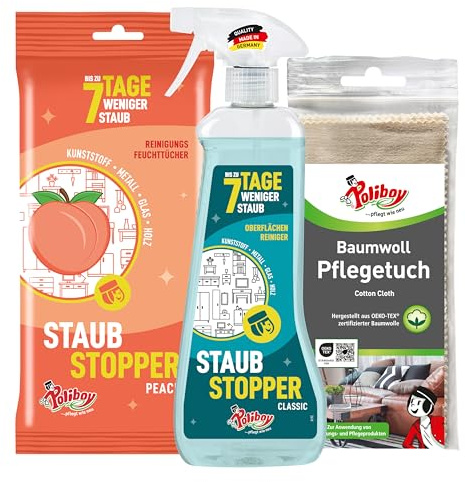 POLIBOY Staubstopper Set – Classic Allzweckreiniger & Peach Staubtücher mit Antistatik-Effekt – gegen Staub, Pollen & Schmutz – Möbelreiniger mit Baumwolltuch – 500ml + 24 Tücher Made in Germany