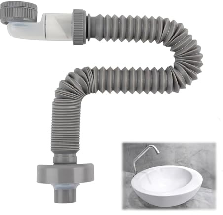1 1/4 Zoll Siphon, Raumsparsiphon Flexibler Ablaufschlauch Grau | 360° Einstellbarer Syphon, Waschbecken Abflussrohr mit Geruchsverschluss, Austauschbarer Abwasserrohr für Küchenspüle