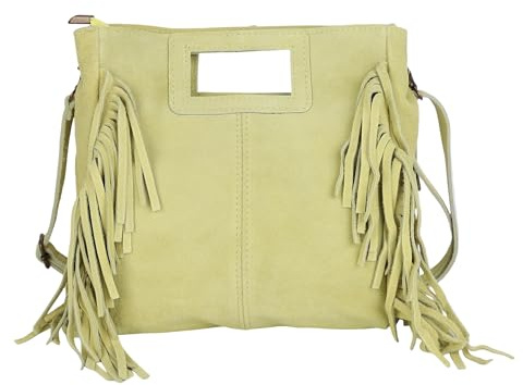 MIRROSI® Damen Umhängetasche aus Wildleder mit Fransen – Made in Italy, Boho Stil Schultertasche, 23 × 24 × 7 cm, hochwertige Ledertasche (Zart Grün)