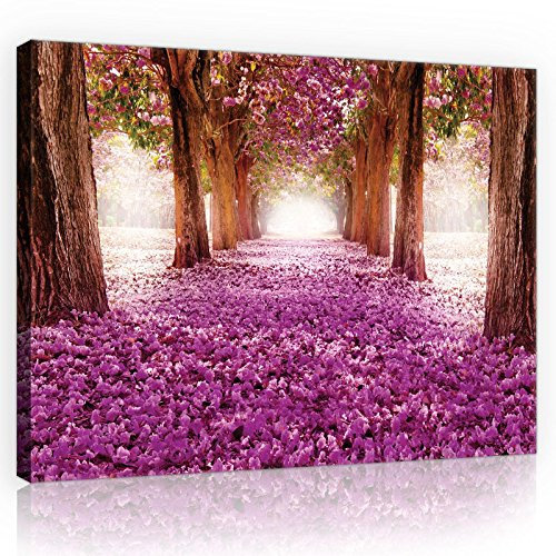 Bilder Wald Natur Lila Blumen Gasse 100x75 cm - Leinwandbilder Modern Leinwandbild Groß XXL Wohnzimmer Schlafzimmer Wandbild Kunstdruck Wandbilder Canvas Desing Wand Bild auf Leinwand Aufhängefertig