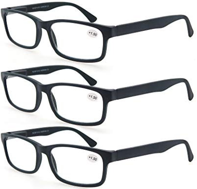 MODFANS Reading Glasses 1.75 Men Women 3 Pack,Rectangular Clear Lens Comfort Spring Hinge Eyeglasses,Stylish Lightweight Plastic Readers with Pouch (3 Black)