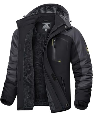 KEFITEVD Skijacke Herren Wasserdicht Atmungsaktiv Snowboardjacke Winter Warm Ski Jacke Herrenjacke Gefüttert Winterparka Snowboard Fleece Jacke mit Kapuze Schwarz-grau XL
