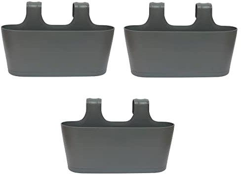 ENGELLAND 3 x Blumenkasten zum Auf-Hängen, Farbe: Anthrazit-Grau, Blumentopf, oval, Balkon, Übertopf, Pflanzkasten, mit Wasserspeicher/Wasserauffangschale
